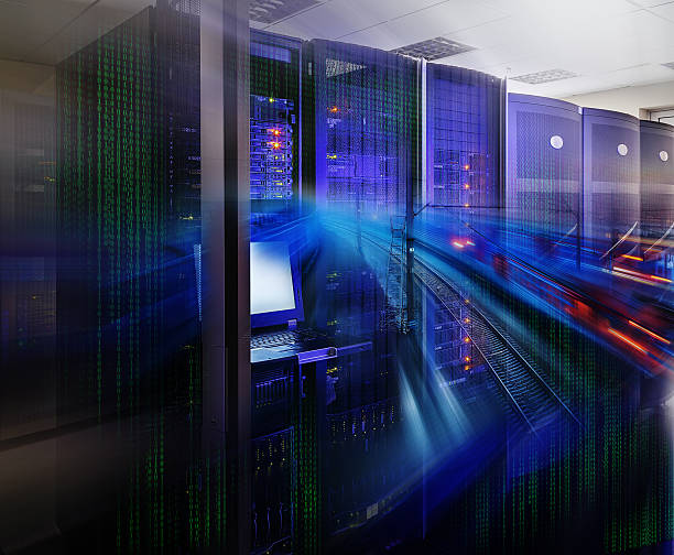 futuristic supercomputer  in data center with railway lines binary code stock photo