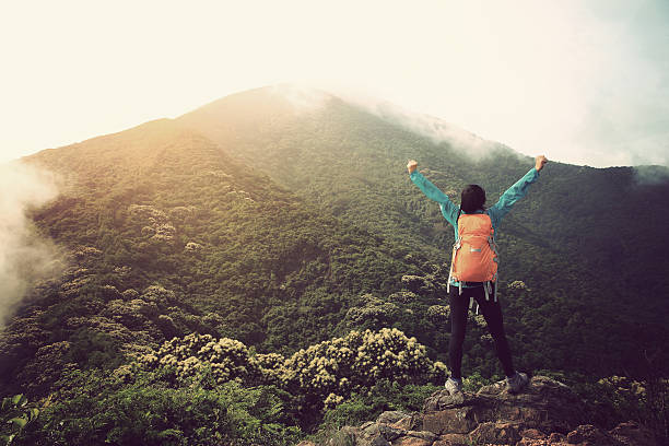 istock cheering woman hiker enjoy the view on mountain peak 523400158
