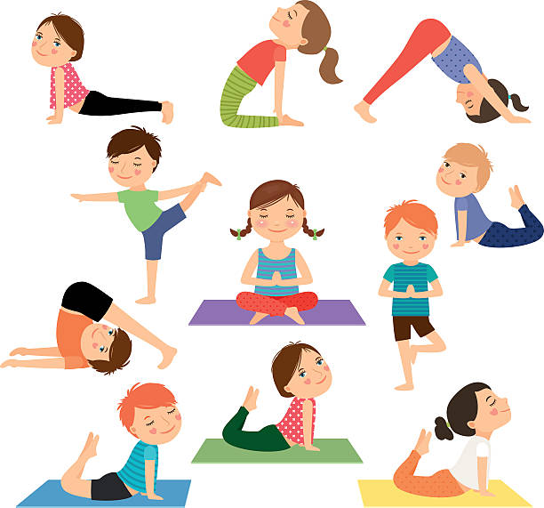 stockillustraties, clipart, cartoons en iconen met children yoga vector - girls gym