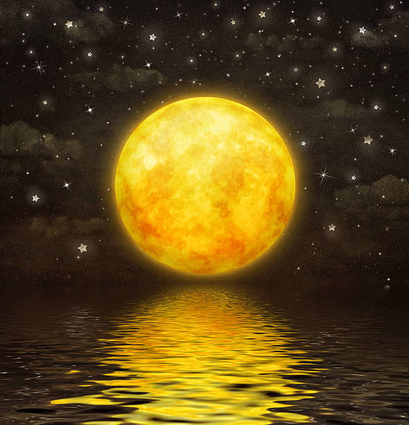 The full moon is reflected in  wavy water vector art illustration