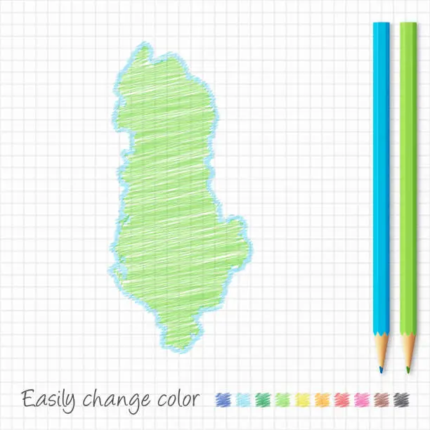 Vector illustration of Albania map sketch with color pencils, on grid paper