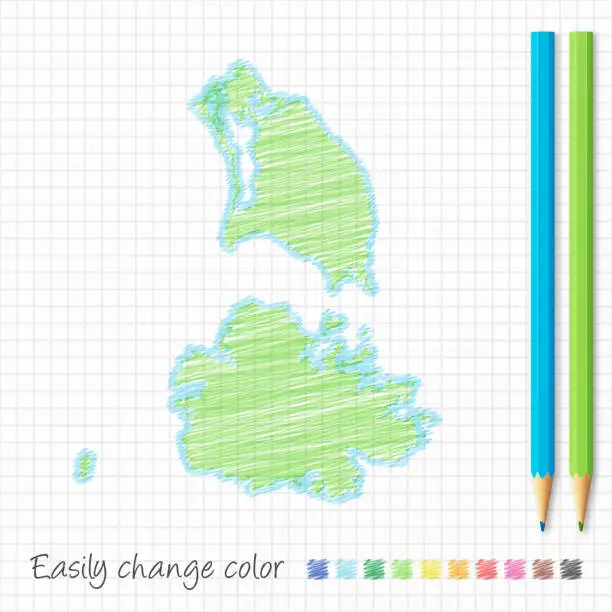 Vector illustration of Antigua and Barbuda map sketch with color pencils, grid paper