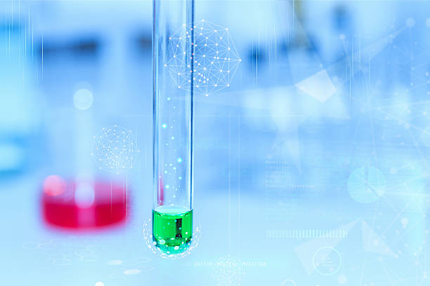 vetreria da laboratorio con liquido chimico scienza researc, - instrument of measurement fuel and power generation chemist chemistry foto e immagini stock