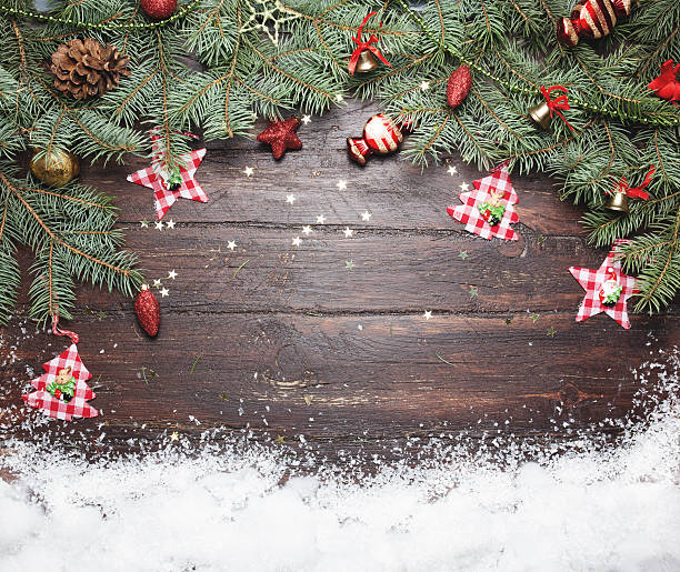 istock Christmas or New Year decoration background: fur-tree branches, colorful 523406950