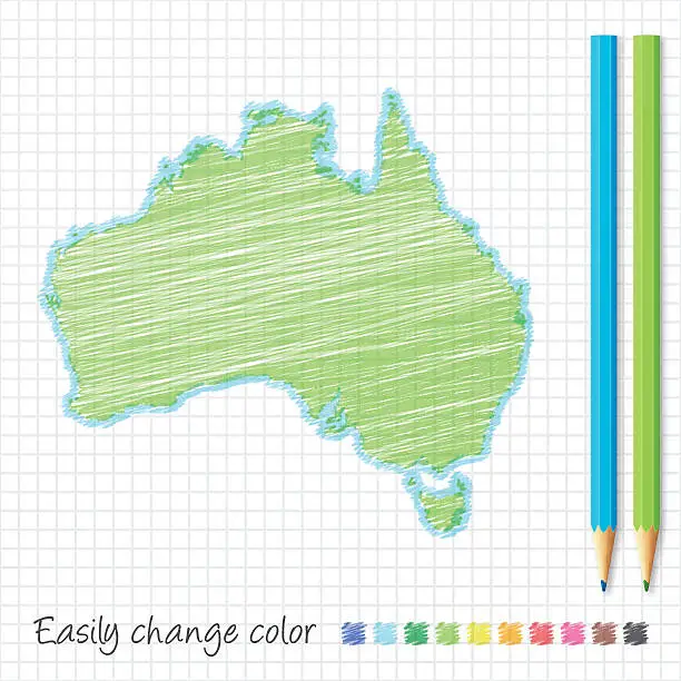 Vector illustration of Australia map sketch with color pencils, on grid paper