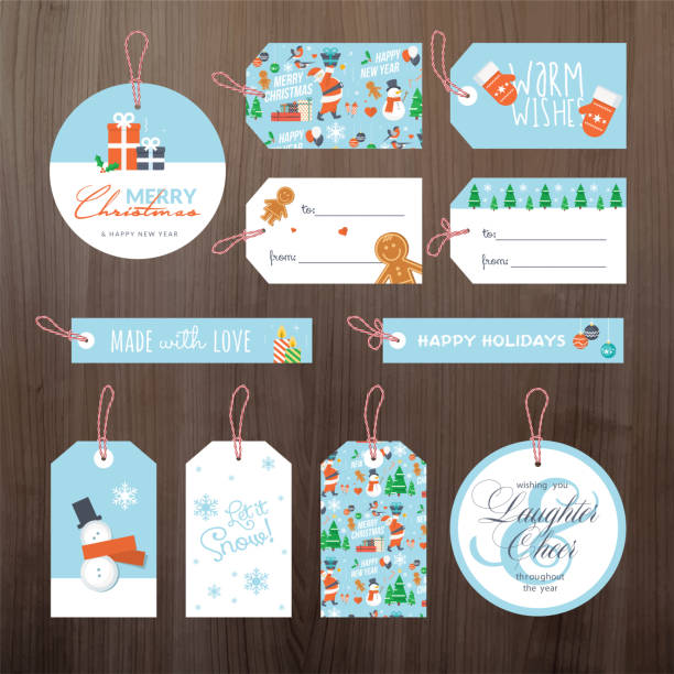illustrazioni stock, clip art, cartoni animati e icone di tendenza di serie di flat design natale e anno nuovo tag - wrapping paper christmas gift snowman