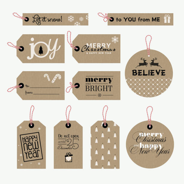 ilustraciones, imágenes clip art, dibujos animados e iconos de stock de set de navidad y año nuevo etiquetas de regalo - wrapping paper christmas gift snowman