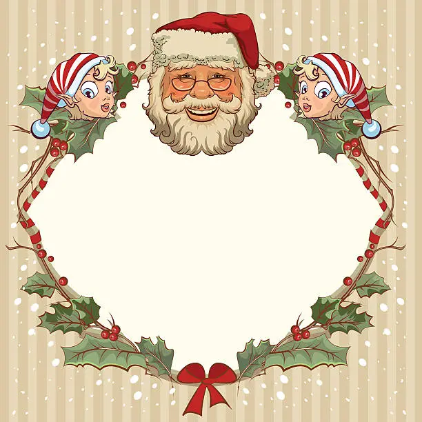 Vector illustration of Head of Santa Claus and gnome. Template cards for Christmas