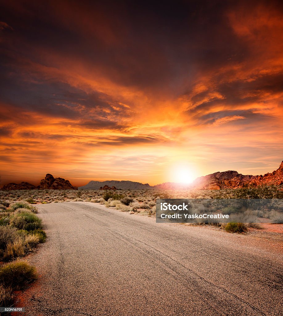 Hermoso carretera del desierto al atardecer - Foto de stock de Puesta de sol libre de derechos