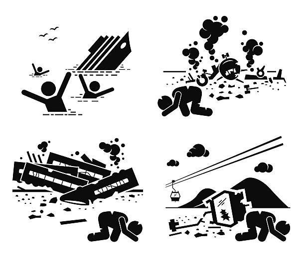 Disaster Accident Tragedy Ship Airplane Train Cable Car A set of human pictogram representing disaster, accident, and tragedy of a sinking ship, plane crash, train wreck, and a fallen cable car. Survival has been found and is waiting for rescue. sinking boat stock illustrations
