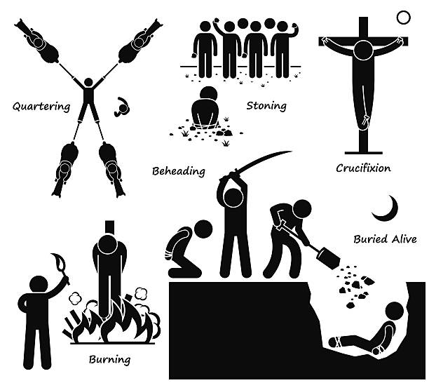 Execution Death Penalty Capital Punishment Ancient Methods A set of human pictogram representing the ancient old methods of execution and death penalty by capital punishment. It includes quartering by horse, stoning, crucifixion, burn to death, beheading, and buried alive. death sentence stock illustrations