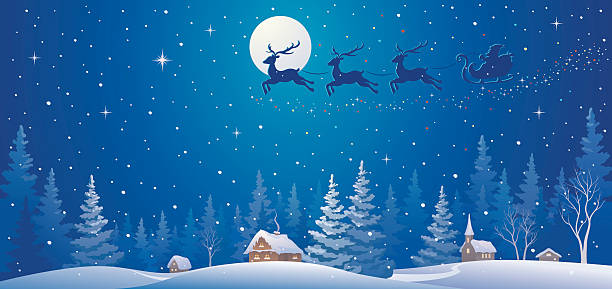 Santa sleigh above village Vector illustration of Santa's sleigh flying over village polar climate stock illustrations