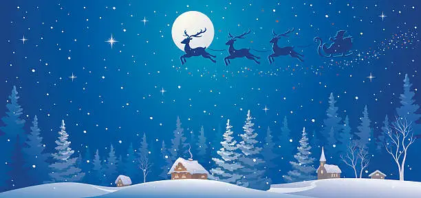 Vector illustration of Santa sleigh above village