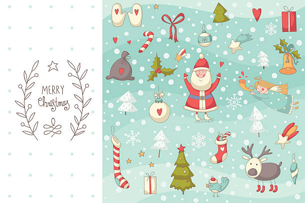 doodle набор рождество с санта-клауса - bird christmas holly christmas stocking stock illustrations