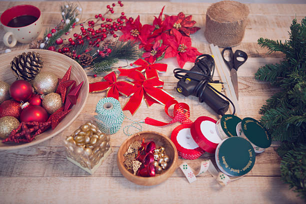 conjunto de elementos de decoración de navidad. - coffee bean coffee flower ribbon fotografías e imágenes de stock