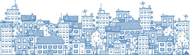 City Drawing Line drawing of a city with many apartment buildings and private houses. residential district illustrations stock illustrations