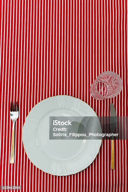 Tableware On A Triped Red Textile Stock Photo - Download Image Now - Anticipation, Bowl, Celebration