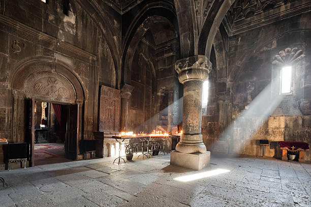 mosteiro de geghard - church indoors inside of monastery imagens e fotografias de stock