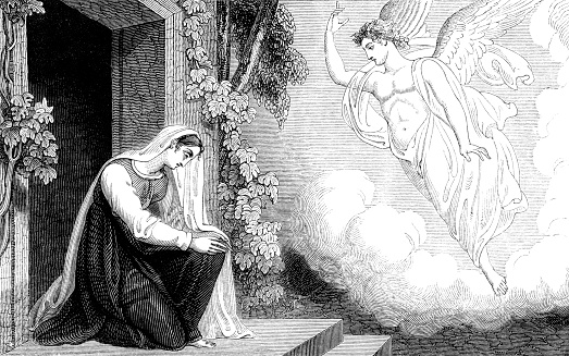 An engraved vintage illustration image of the annunciation to the Virgin Mary of  the birth of Jesus, by R. Westall from a Georgian book titled 'Illustrated to the Testament' dated 1836 that is no longer in copyright