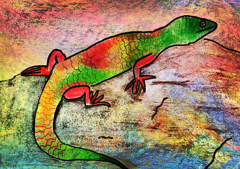 Children's artwork of a lizard on a colorful vivid background.