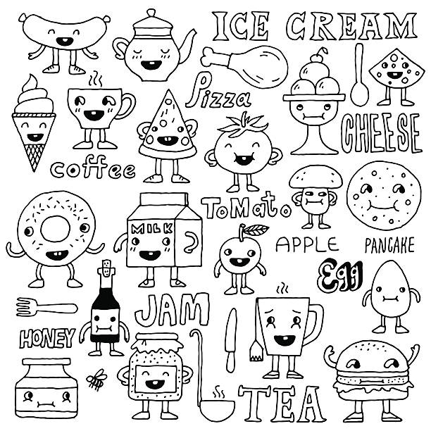 ilustraciones, imágenes clip art, dibujos animados e iconos de stock de comida divertida monada garabato conjunto.  ilustración vectorial dibujados a mano. - spoon honey cute jar