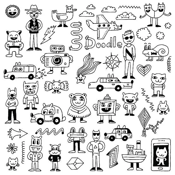 Vector illustration of Crazy funny doodles set. Hand drawn vector illustration.