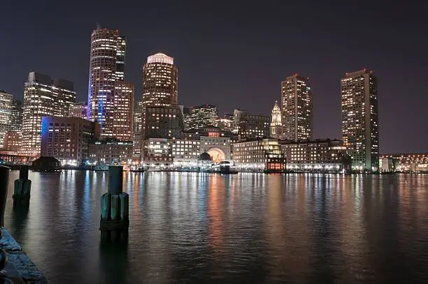 Photo of Boston Harbor and Financial District at night