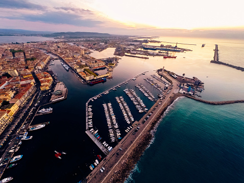 aerial view of the city of sete, france, with port. photo taken at sunrise.