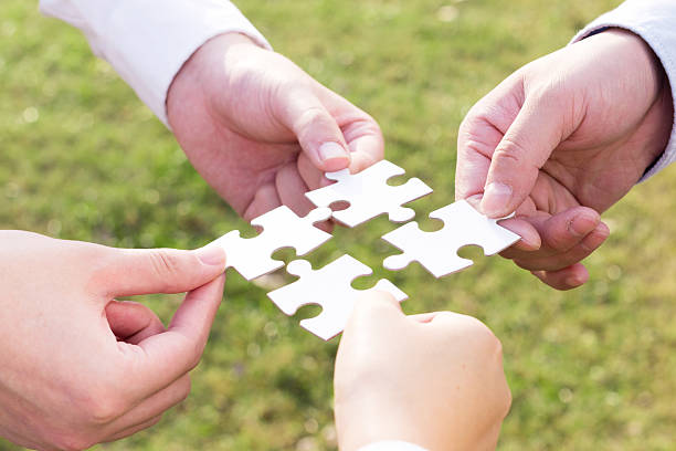 istock puzzle jigsaw and concept with meadow background 523462211