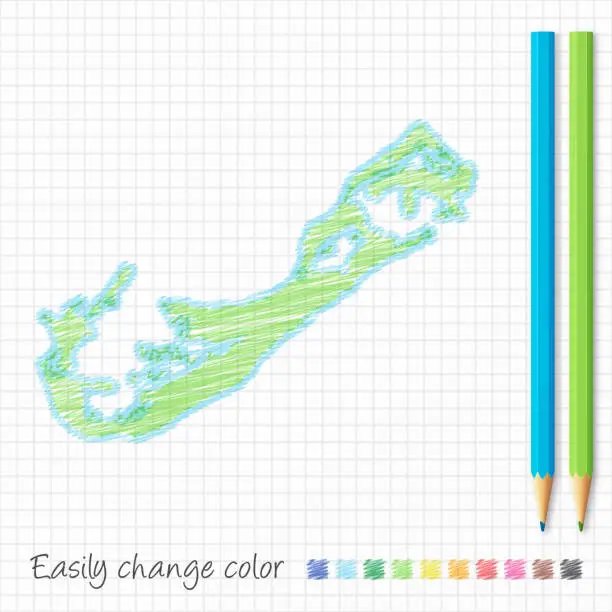 Vector illustration of Bermuda map sketch with color pencils, on grid paper