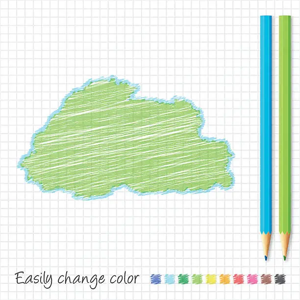 Vector illustration of Bhutan map sketch with color pencils, on grid paper