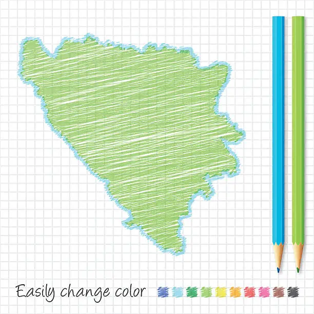 Vector illustration of Bosnia and Herzegovina map sketch with color pencils, grid paper