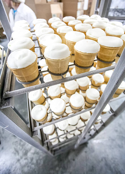 istock Ice cream standing in stack on milk factory fridge 523473690