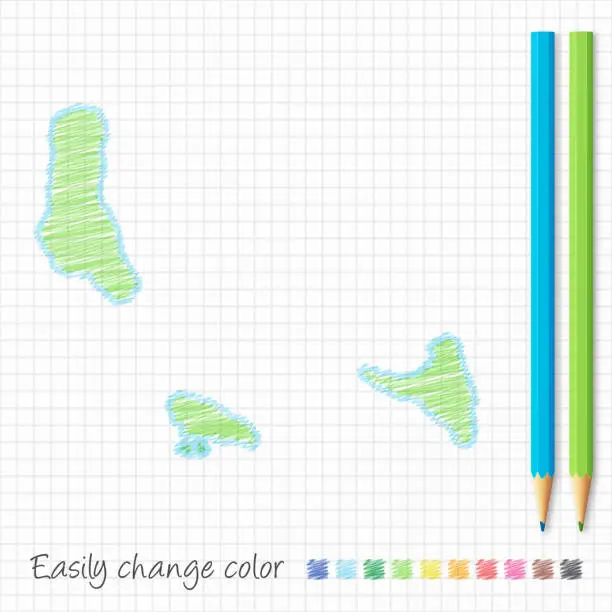 Vector illustration of Comoros map sketch with color pencils, on grid paper