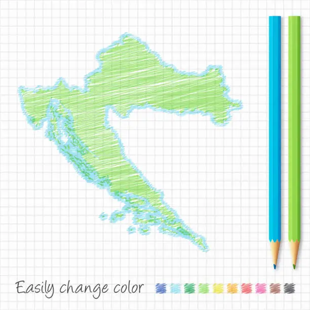 Vector illustration of Croatia map sketch with color pencils, on grid paper
