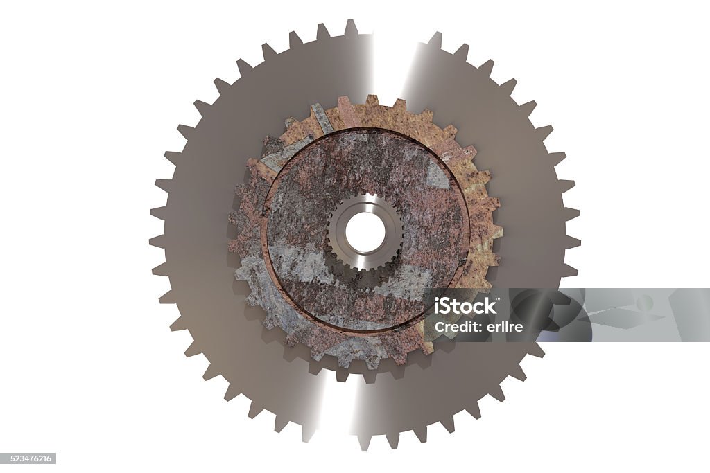 Three-dimensional rusty cogwheel 3d rendering volume illustration of old rusty gear wheel on white background Business Finance and Industry Stock Photo