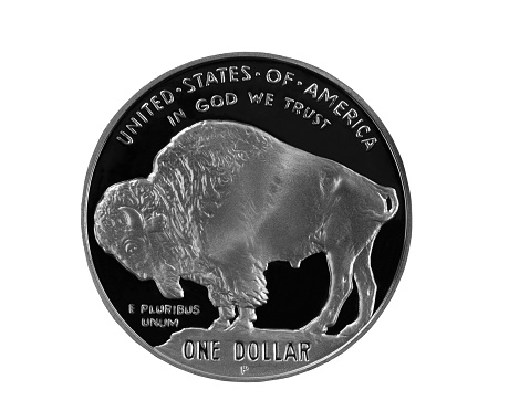 Close up of One Silver Buffalo Coin isolated on White