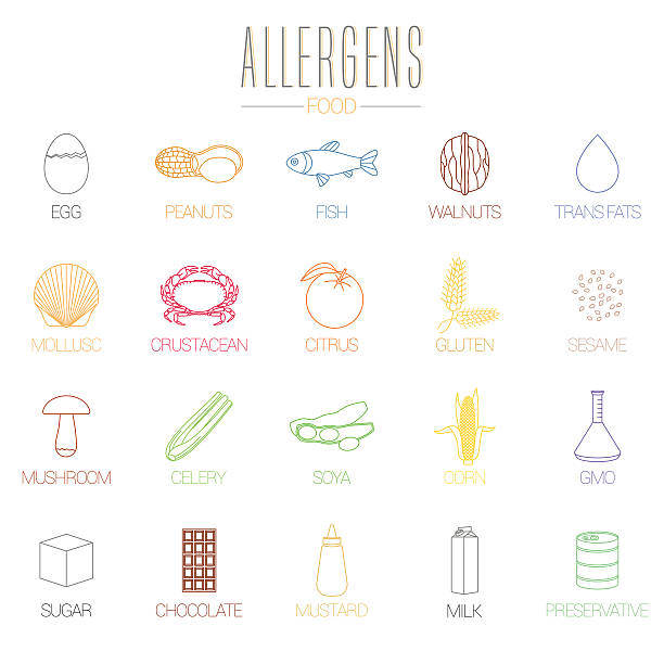 ilustrações de stock, clip art, desenhos animados e ícones de vector conjunto de ícones de alergias alimentares - allergy food peanut pollen