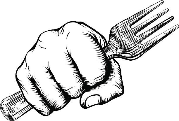 holzschnitt faust hand hält gabelung - hungrig stock-grafiken, -clipart, -cartoons und -symbole