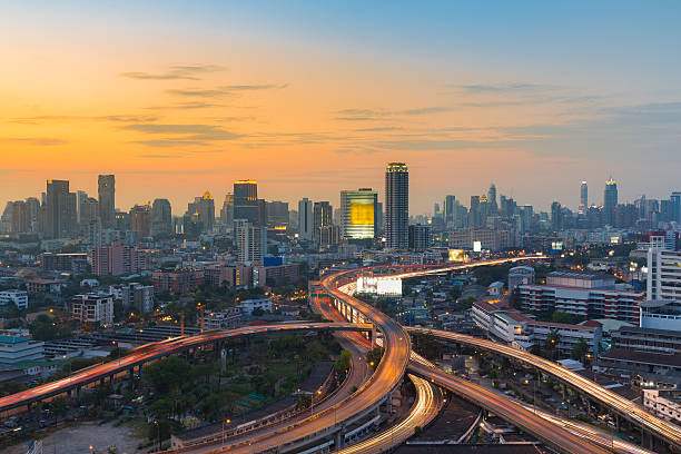 istock Aerial view city downtown background, highway interchanged 523479434