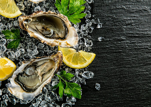 istock Oysters served on stone plate with ice drift 523480540