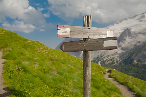 A weathered wooden public footpath sign against a blue sky pointing the way with copy space.