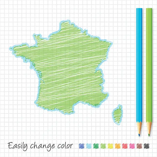 Vector illustration of France map sketch with color pencils, on grid paper