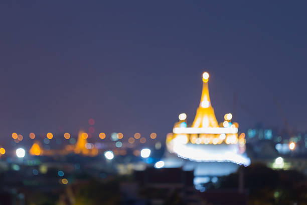 Night view, Golden Mountain temple, abstract blurred bokeh lights, Thailand landmark