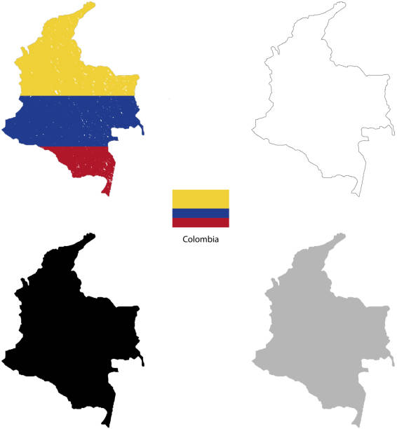 kolumbia kraju, czarna sylwetka z flagą na tle - south american culture stock illustrations