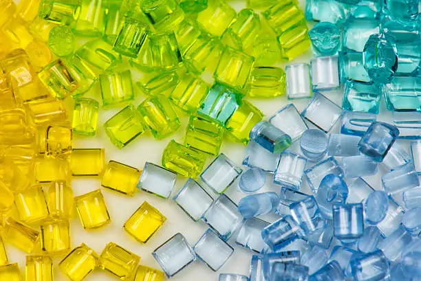 transparent plastic resin in four different colors.