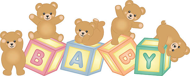 illustrations, cliparts, dessins animés et icônes de blocs de bébé avec ours en peluche - bébé cubes