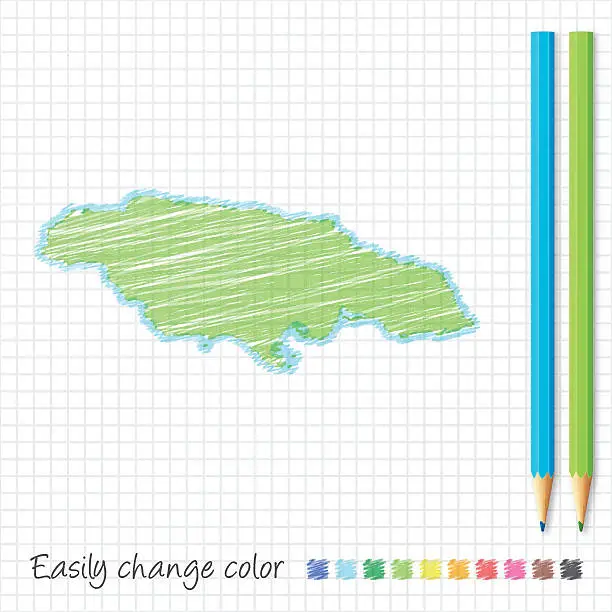 Vector illustration of Jamaica map sketch with color pencils, on grid paper