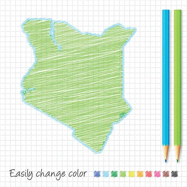 Vector illustration of Kenya map sketch with color pencils, on grid paper