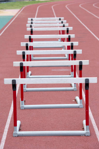 istock hurdles on the red running track prepared 523490788